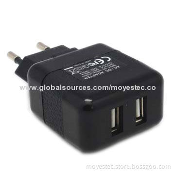 Mini Dual-USB Home Charger for iPad, 5V, 2,000mA Output, EU/US Plugs Available